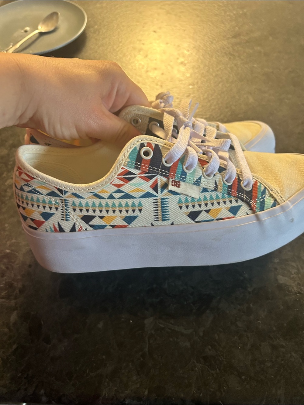 DC Women's Low Top Sneaker in Cream with Multi-Color Aztec Print